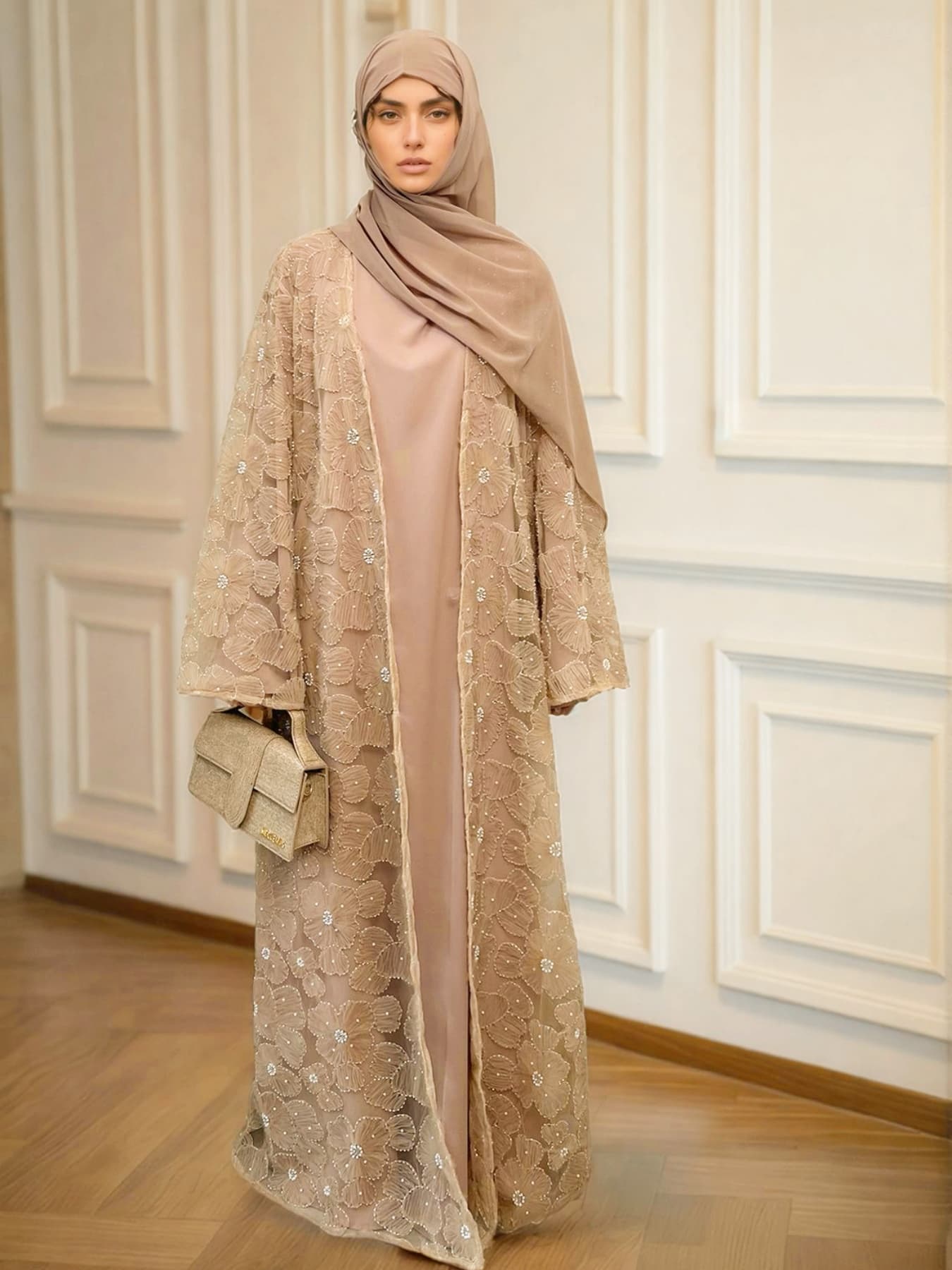 Women's Elegant Pearl Floral Beaded Abaya Hijab Set