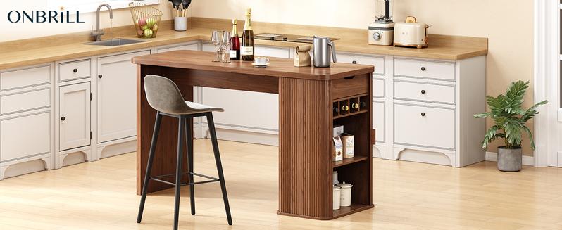 【Valentine's Day gift】ONBRILL 59 Inch Kitchen Island with Storage, Fluted Counter Height Table, Mid-Century Modern Kitchen Island Table with Sliding Door, Home Bar Tables with Wine Rack and Drawers