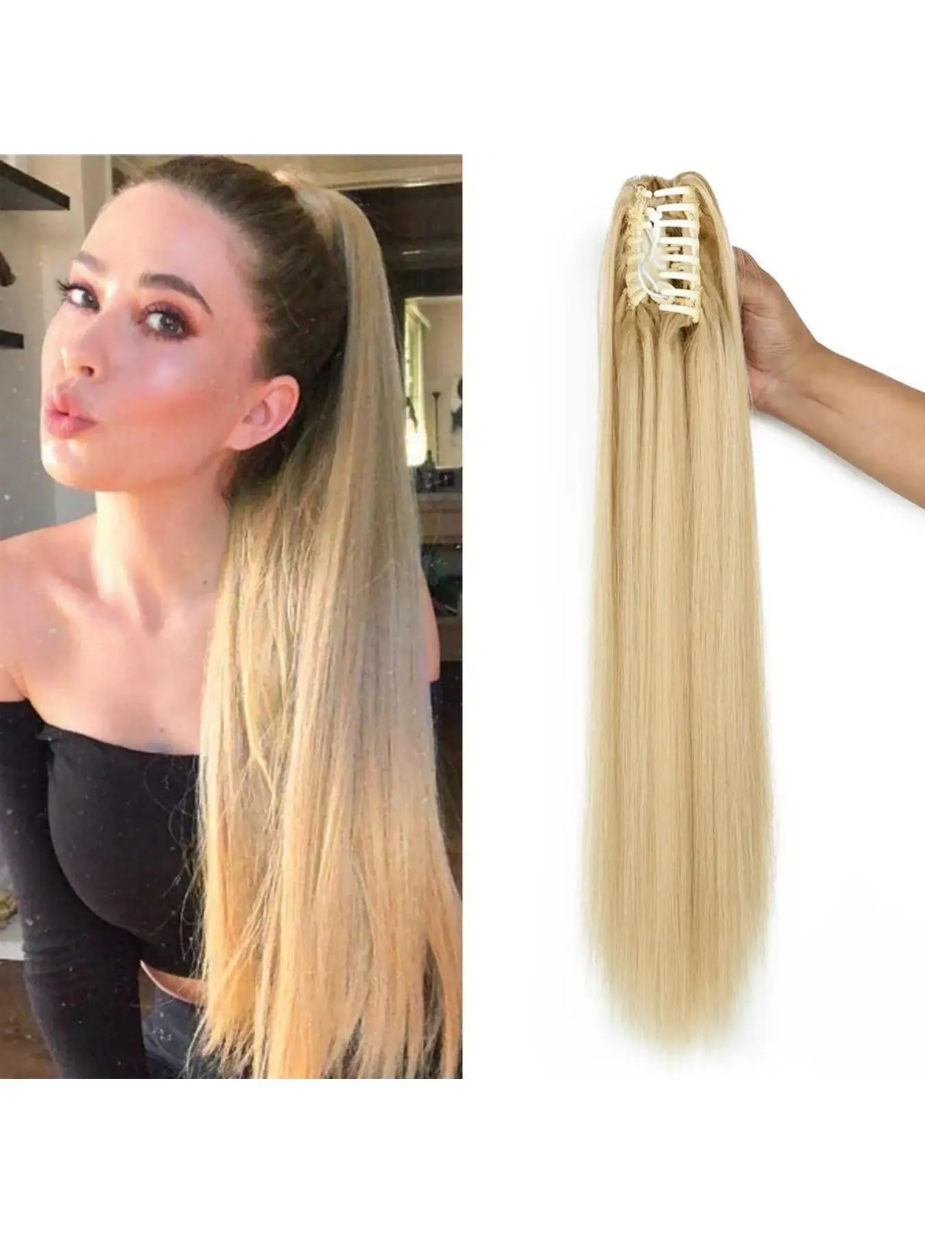 24 Inch Long Straight Ponytail Hair Extension Claw Clip In Synthetic Fiber Hairpiece Heat Resistant Natural Style Full Volume Easy Attach Ponytail Accessory for Women Fashion Hairstyle