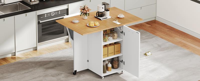 Yitahome Folding Kitchen Island with Power Outlet, Drop Leaf Kitchen Islands Table Long Floating on Wheels w Storage Racks Cabinet