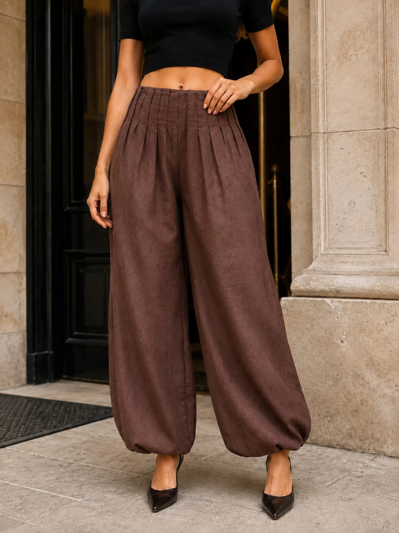 Women's High-Waisted Pleated Harem Pants, Loose Wide-Leg Balloon Pants, Elastic Ankle Design, Casual Fall Vacation Streetwear, Casual Bottom