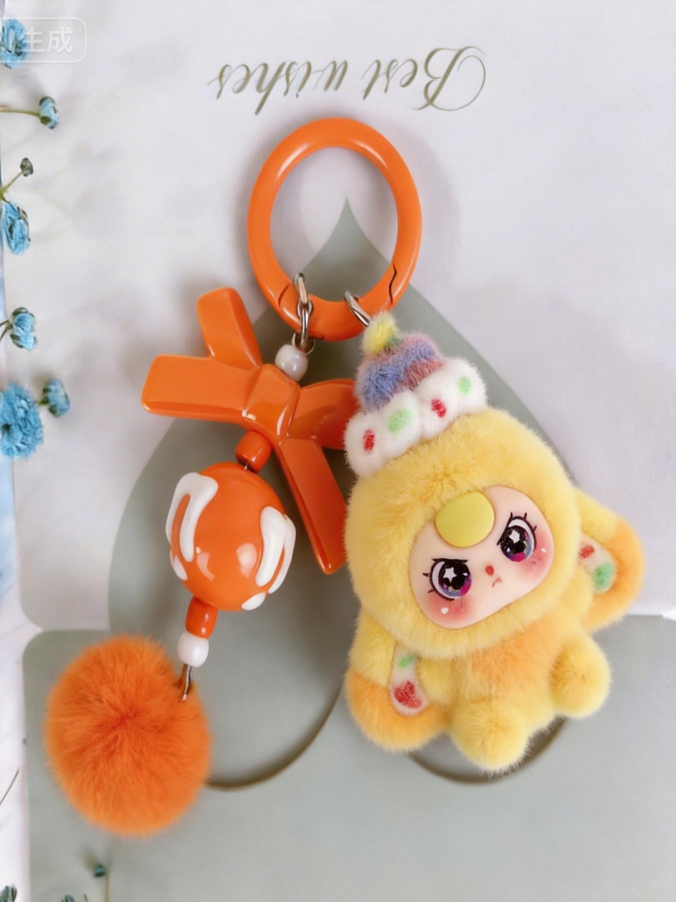 A cute pendant featuring a multi-colored plush doll, paired with a bow ...