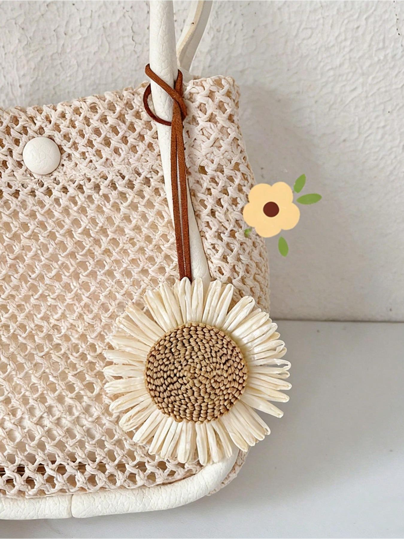 Summer bohemian resort style bag accessories, braided rattan sunflower flower designer pendant. Comes with a genuine leather strap, bohemian beach style accessory for tote bags, wallets, backpacks and keychains, elegant summer decorative pendant.