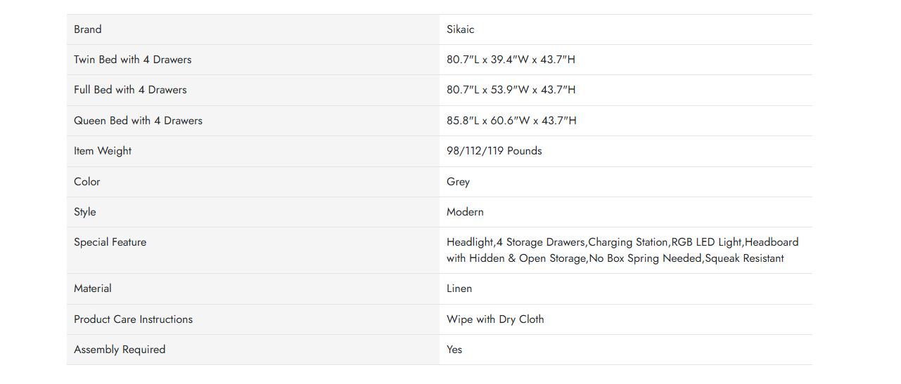 Sikaic Upholstered Platform Bed Frame with LED Lights & Charging Station Hidden Storage Headboard and 4 Drawers Linen Dark Grey Furniture Home Bedroom Bedframe