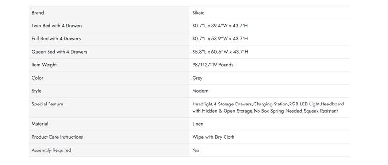 Sikaic Upholstered Platform Bed Frame with LED Lights & Charging Station Hidden Storage Headboard and 4 Drawers Linen Dark Grey Furniture Home Bedroom Bedframe