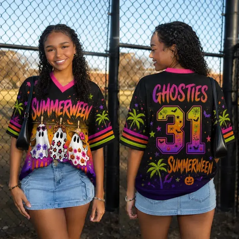 Summerween Ghosties V‑Neck Jersey,Cute Holiday Ghost Print Short Sleeve Top,5 Color Options For Summer Halloween Party,Casual Unisex Short Sleeve Outfit For Beach Vacation&Halloween Pre‑Party#TikTokMadeMeBuyIt# TikTokShop#SummerweenShirt#GhostPrintJersey