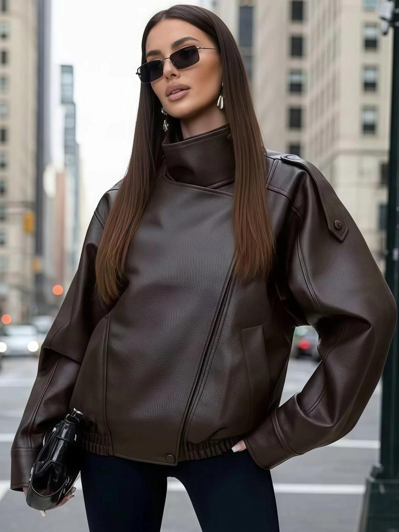 Women's Faux Leather Jacket New In Coats Demi-Season Black Brown Jacket Short Coat Spring Asymmetric Zip Motorcycle Jacket Streetwear Long Sleeve Red Aviator Jacket Womens Coat