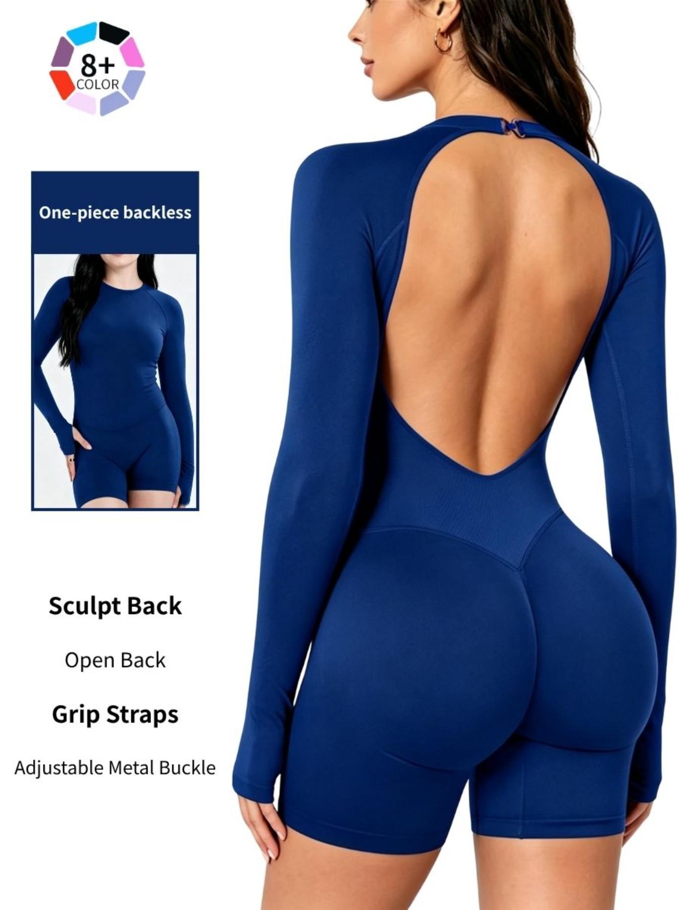 Women's All-Season Long Sleeve Backless Workout Jumpsuit, Tummy Control & Butt Lifting, Stretchy Slim Fit Gym Bodysuit for Pilates & Running, Backless Activewear