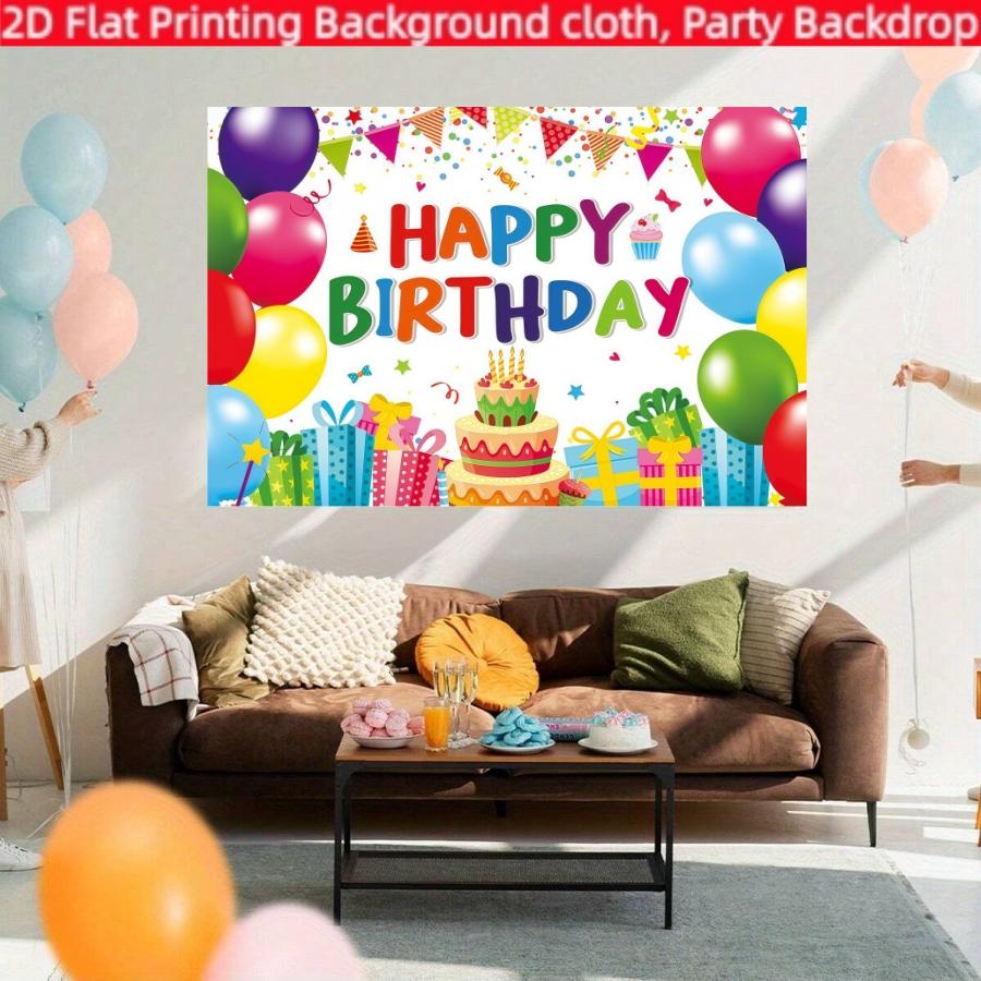Colorful Birthday Party Backdrop Banner, Polyester Material, Balloon and Cake Elements, Home Decor, Indoor and Outdoor Parties, Photography Background