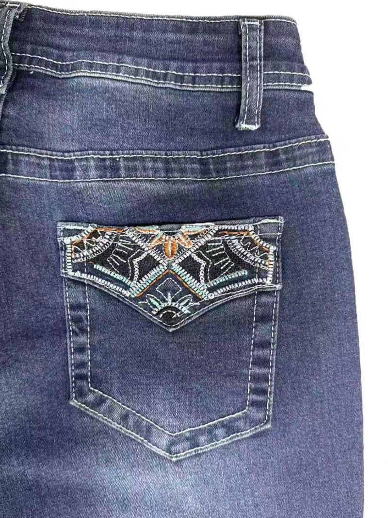Vintage Embroidered Women's Casual Flare Denim Jeans, Retro Style High Waist Jeans, Comfortable and Stylish Ladies' Fashion