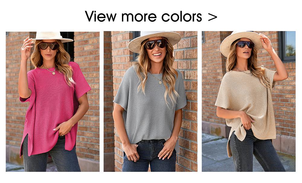 Shewin 2026 Spring/Summer Oversized Cozy Ribbed Knit Top Women’s Crew Neck Short Sleeve Pullover Elegant Solid Color Knitwear with Side Slit for All-Season Casual Outfits SpringStatements