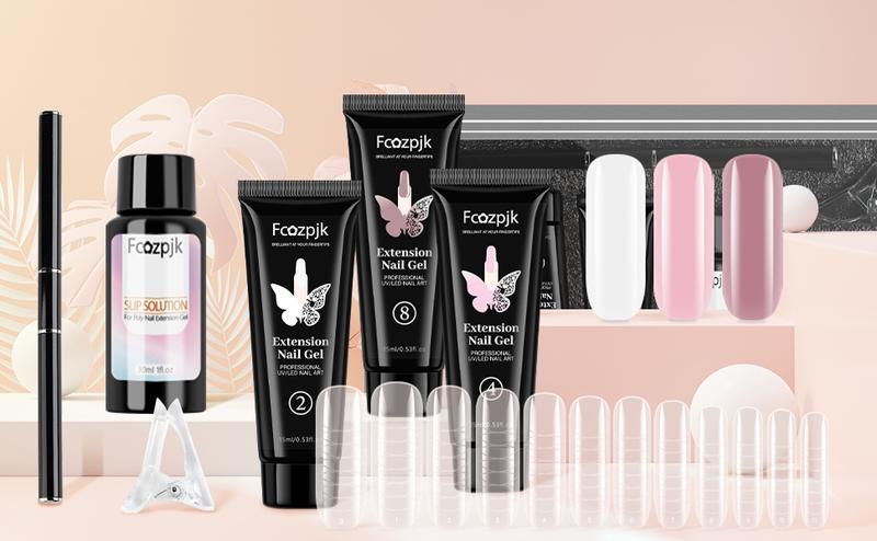 Fcozpjk Poly Nail Gel Kit White Mauve Nude Pink Builder Nail Gel Kit With Slip Solution Dual Nail forms Nail Clips for Poly Gel Nail Starter Kit Extension Manicure Set Acrylic Brush nails kit set