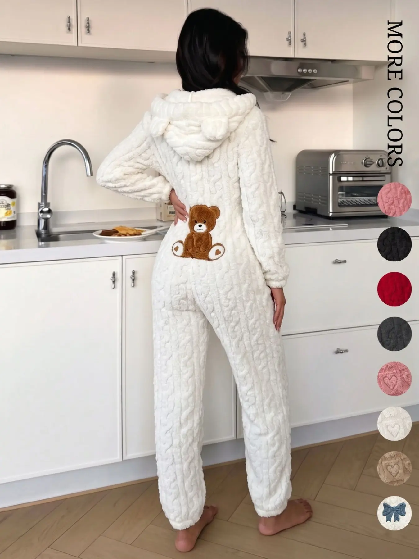 Women's Cute Teddy Bear Embroidered Hooded Plush Jumpsuit, Comfortable Fashion Design, Perfect Gift for Her, Casual Fall & Winter Wear
