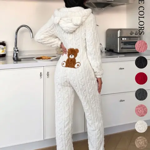 Women's Cute Teddy Bear Embroidered Hooded Plush Jumpsuit, Comfortable Fashion Design, Perfect Gift for Her, Casual Fall & Winter Wear