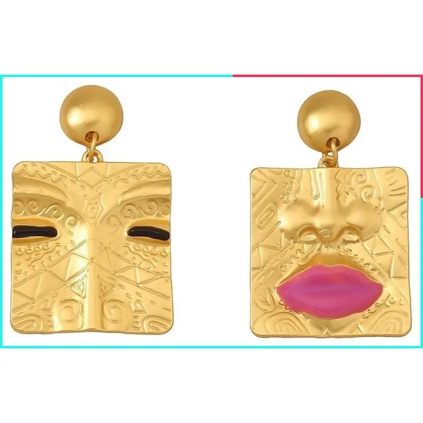 Unique Vintage Asymmetrical Face Dangle Earrings for Women, Abstract Human Facial Features, Punk Bohemian Style, Gold-Tone Plated Jewelry Gift for Her