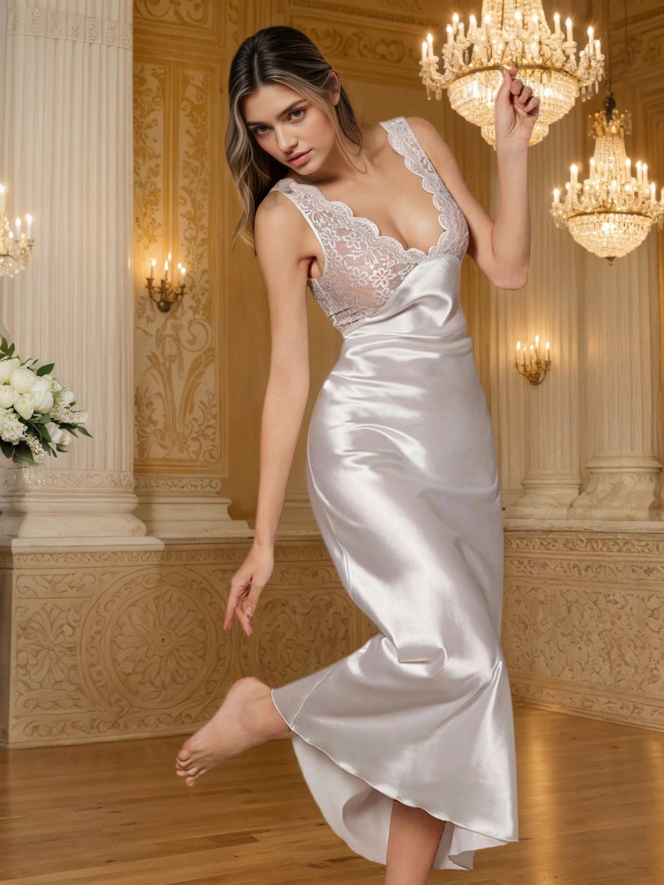 Elegant Lace Halter Dress Plus Size Women's Solid Color V Neck Sleepwear, Adult All Season Pajamas, Valentine's Day Gift