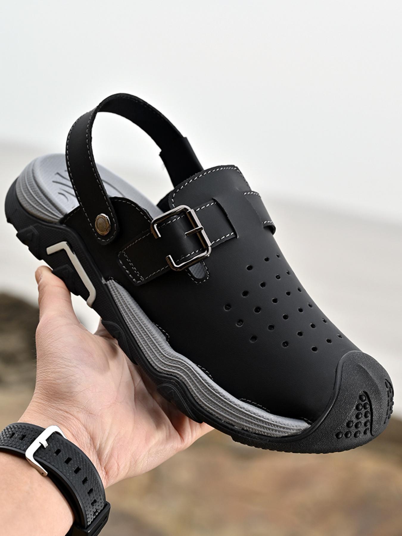 Men's Solid Color Dual-Wear Closed-Toe Perforated Sandals, Adjustable Velcro Non-Slip Beach Shoes, Breathable Outdoor Water-Slippers