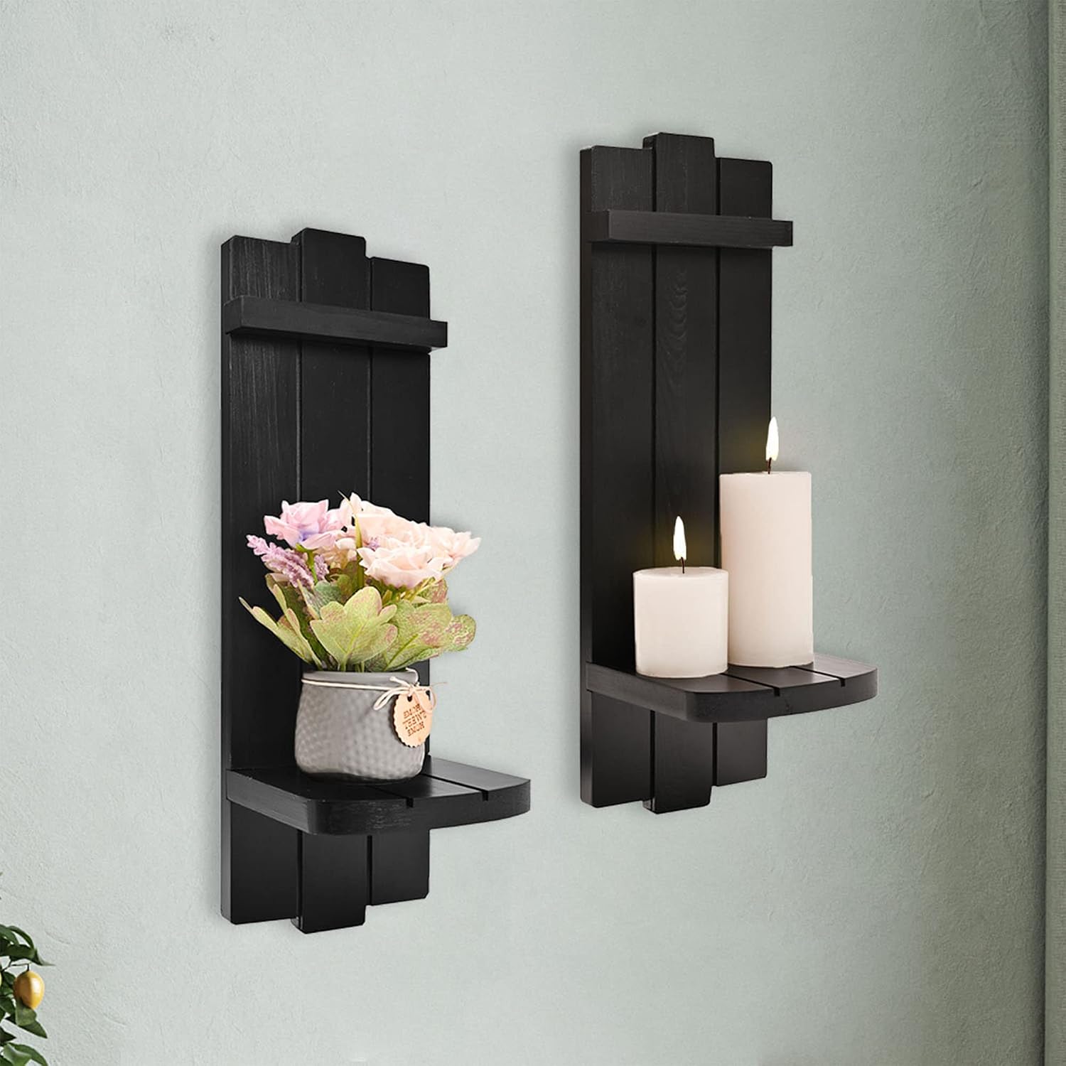 Sconces Wall Decor Set of 2, Wall Candle Holder Black  Decor |  Wall Art Floating Candle Sconces Shelf Rustic Wall Decorations for Living Room, Dining Room, Bedroom, Bathroom