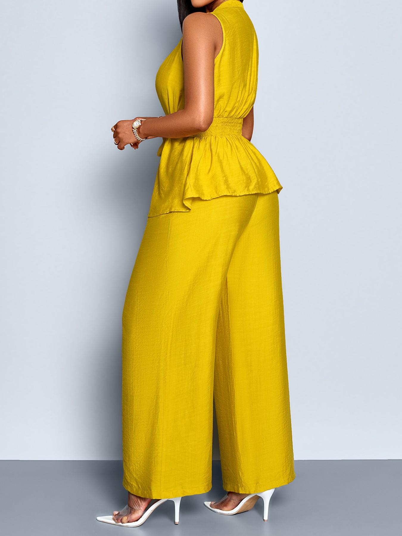 Two-Piece Summer Casual Chic Women's Deep V Neck Sleeveless Belted Top & High Waist Wide Leg Pants Set for Outing, Office and Date Night