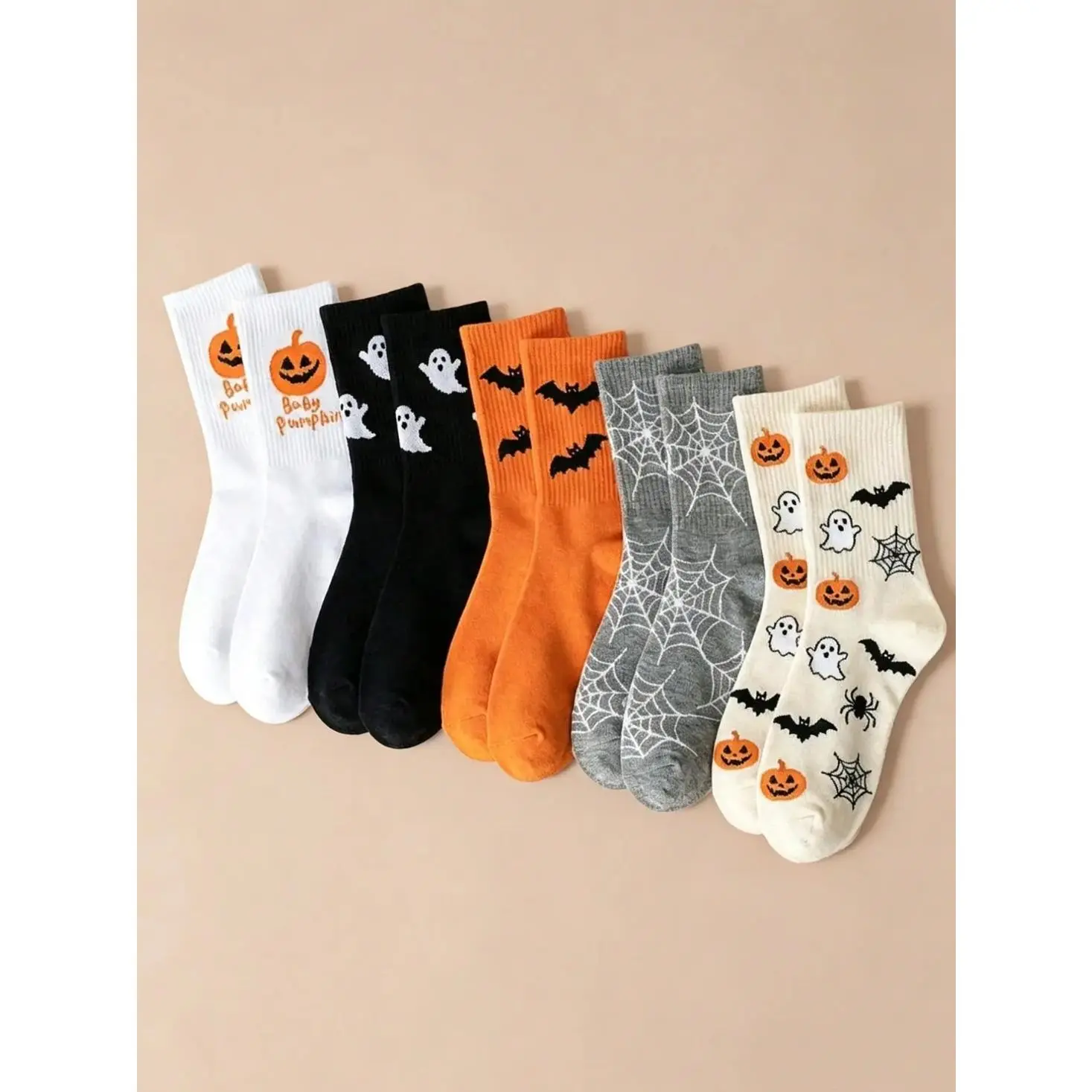 Unisex Cotton Crew Length Socks (5 Pairs) - Soft, Everyday, Casual Fit, Halloween Cartoon Jacquard (Pumpkin, Ghost, Bat, Spider Web), Festive Cosplay & Party Outfit Accessories
