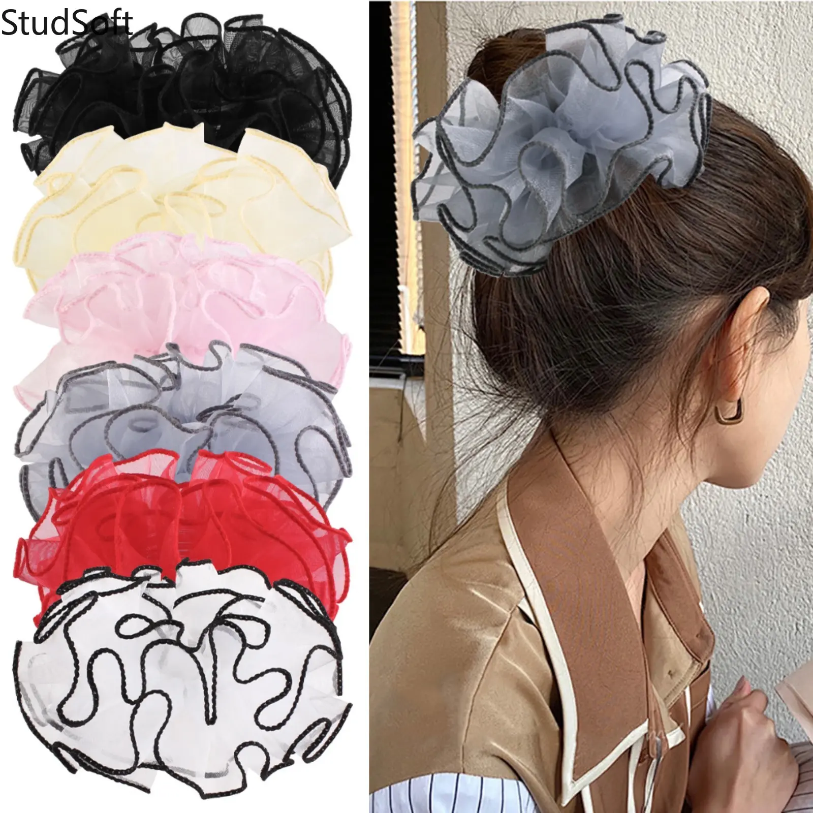 Women's 3-6 Pcs Organza Mesh Scrunchies Pack - Large Ruffled Look Hair Ties, Balletcore Aesthetic Ponytail Holders for Casual Wear & Party Gifts (Sports & Outdoor Accessory)
