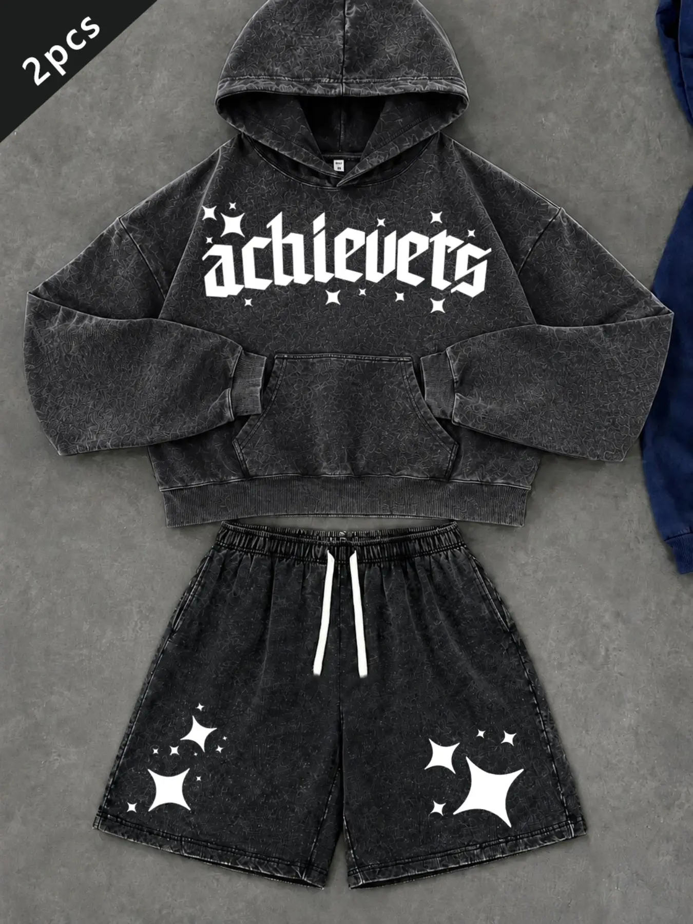 Unisex Y2K 2 Piece Matching Outfit, Vintage Acid Washed Cropped Hoodie & Star Print Drawstring Sweat Shorts, Achievets Letter Graphic Streetwear Tracksuit, Casual Lounge Set for Teen Girls Boys Daily Wear Back To School