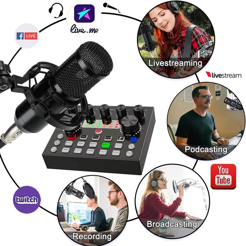 V8S Professional Live broadcast Blog equipment Mixe Live Sound Card Podcast Equipment Bundle,Microphone Set Device,Music/Live Recording game Sing Live Streaming For DJ Disco Device Usb Audio Mixer Usb Audio Interface