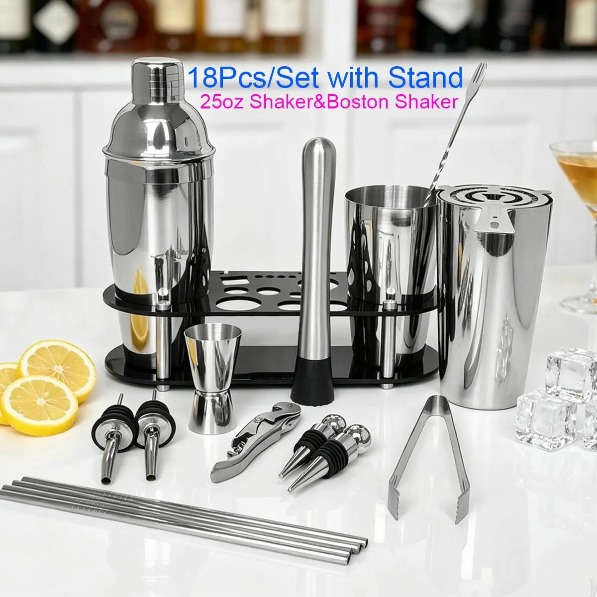 18Pcs Solid Stainless Steel Boston Cocktail Shaker Set (25oz-20oz) - Glamorous & Playful Home Bar Complete Kit with Black Stand, Cocktail Recipe, Strainer, Serving Spoon, Fork, Tongs, Cup, Protective Film - Easy Installation for Home Happy Hour Drinks