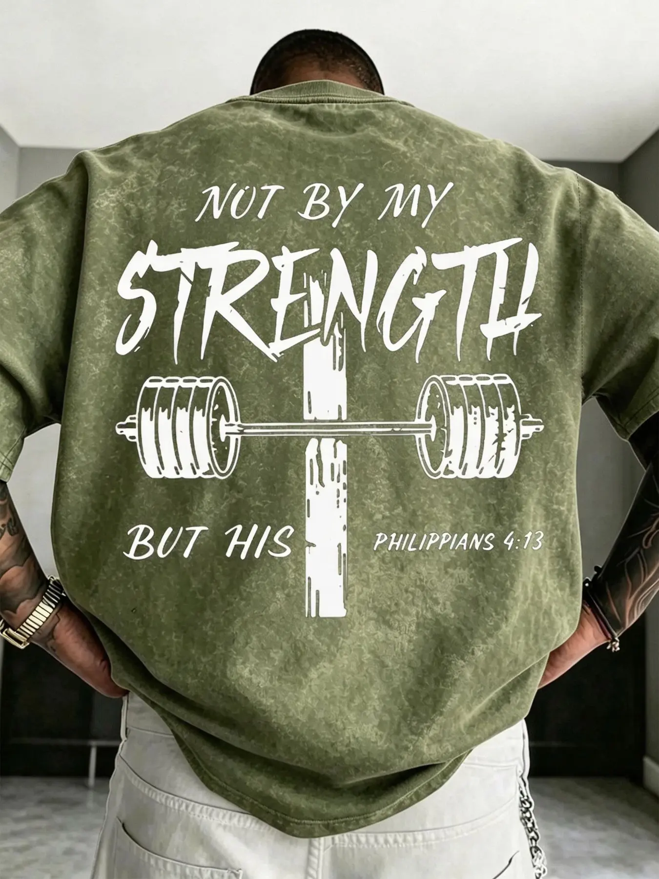 Men's Washed Vintage Cross Barbell Faith English Short Sleeve T-Shirt, American Christian Gym Fitness Loose Fit Breathable Training Top, Training Tee