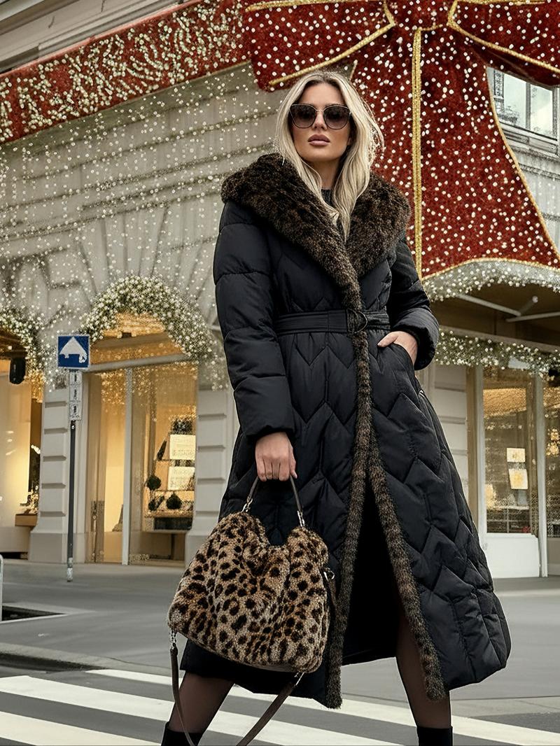 Women's Leopard Print Faux Fur Trim Coat, New Winter Arrival, Long Sleeve Hooded Puffer Coat, Loose Fit Fashion Outerwear