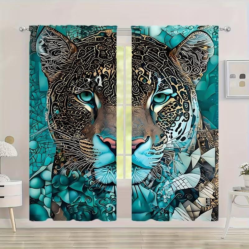 Polyester Material High-Definition Digital Print Blue Tiger Pattern Curtains, Light Filtering Drapes for Bedroom Living Room Office Home Decor