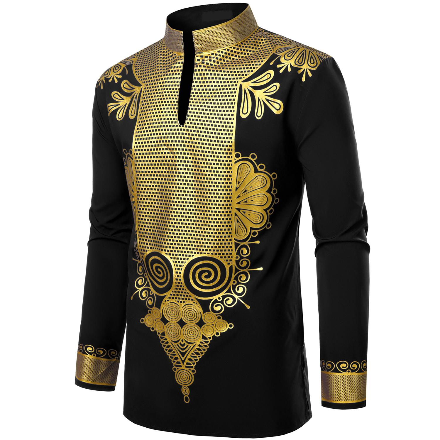 ZEROYAA Men's Africa Stand-up Collar Long Sleeve Dashiki Shiny Pattern Printed Dazzling Shirt Ethnic Elastic fathers day gift for boyfriend father's day shirts memeshirts funny shirts father's dad gifts black people