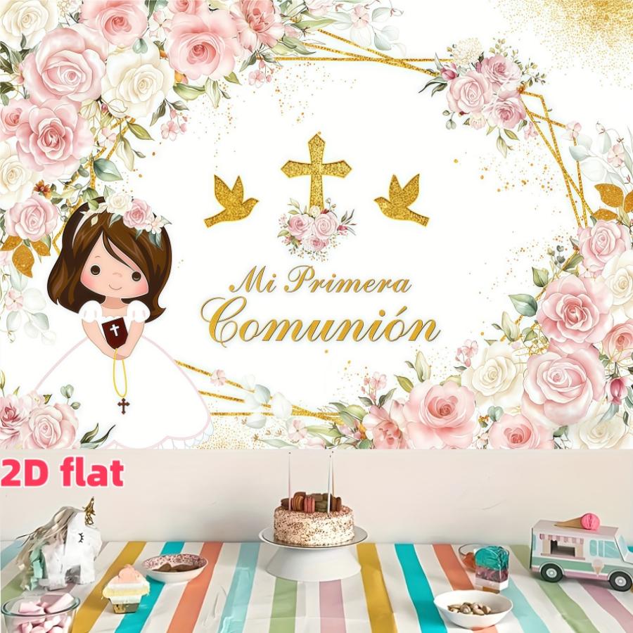 Spanish First Communion Background Banner, Bohemian Baptism Party Decor, Flowers, Polyester, Indoor Outdoor Birthday Party Decoration