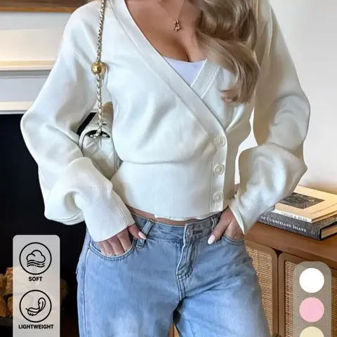 Minimalist High-End Casual Lantern Sleeve Knit Cardigan, Elegant Versatile Slimming Short Top, Stylish Women's Fashion Outerwear Knitwear