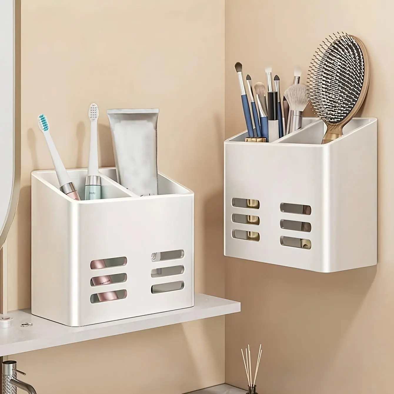 1 bathroom punch-free storage box, toothpaste rack, wall-mounted comb and makeup brush storage box, comb box, suitable for storage and organization of bathroom items