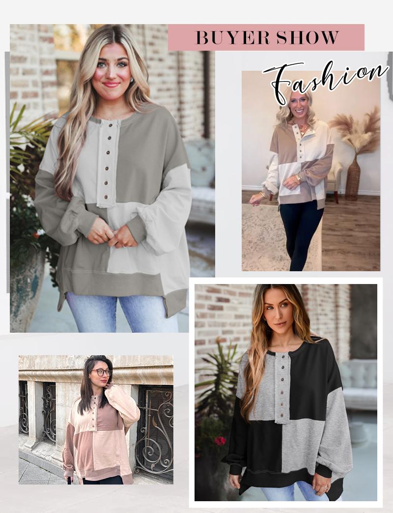 Shewin 2026 Cozy Oversized Color-Block Henley Pullover Women’s Long Sleeve Sweatshirt Soft Tie-dye Fabric Comfy Layering for Casual Daily Looks - Womenswear