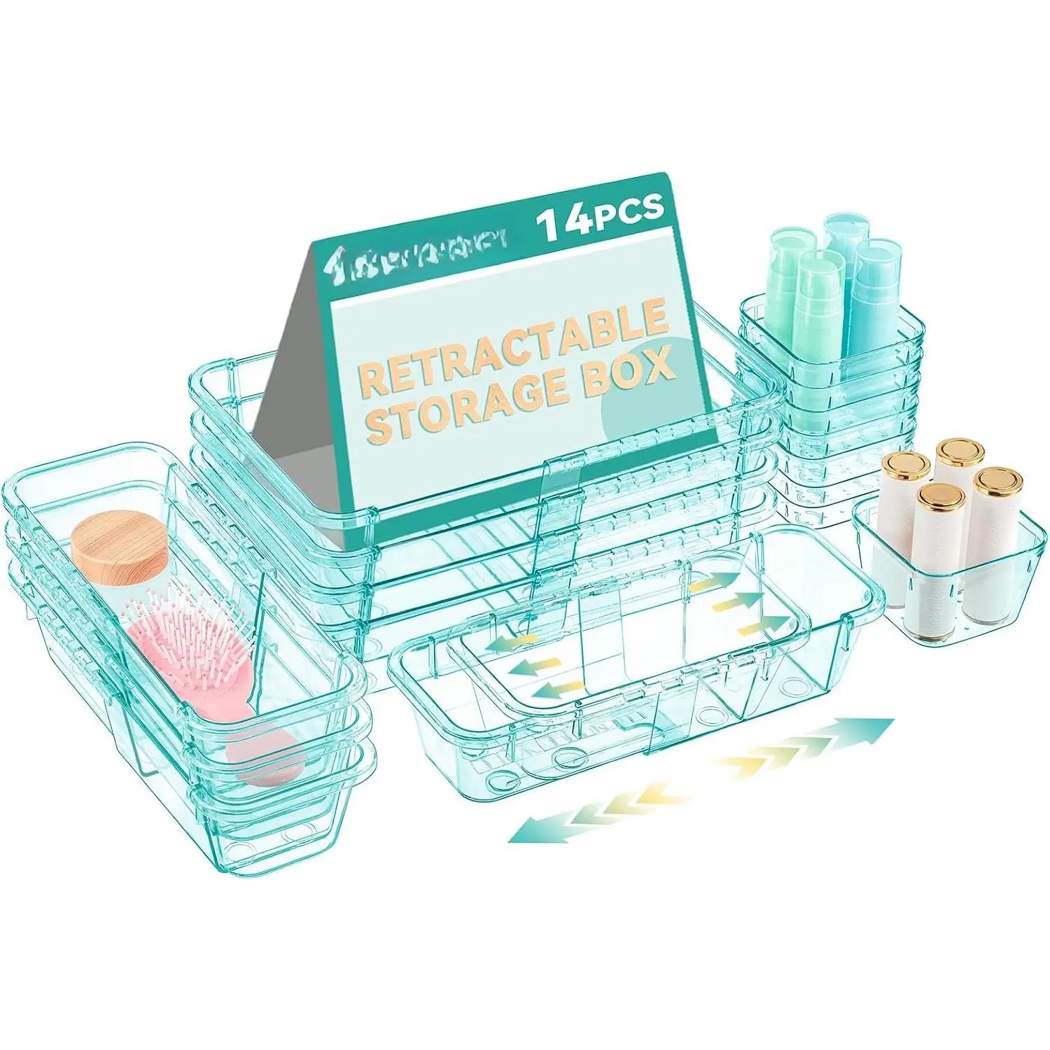 14 count Adjustable Clear Drawer Organizer, Extendable  Storage Bins, Desk Drawer Organizer Set for Makeup, , Bedroom, and Gadgets, Blue