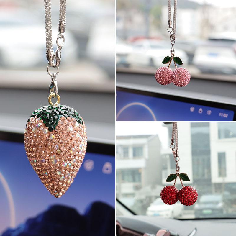 Bling Rhinestone Strawberry Cherry Car Hanging Ornament Sparkling Crystal Fruit Rearview Mirror Charm Aesthetic Car Interior Decor Accessories for Women Girls