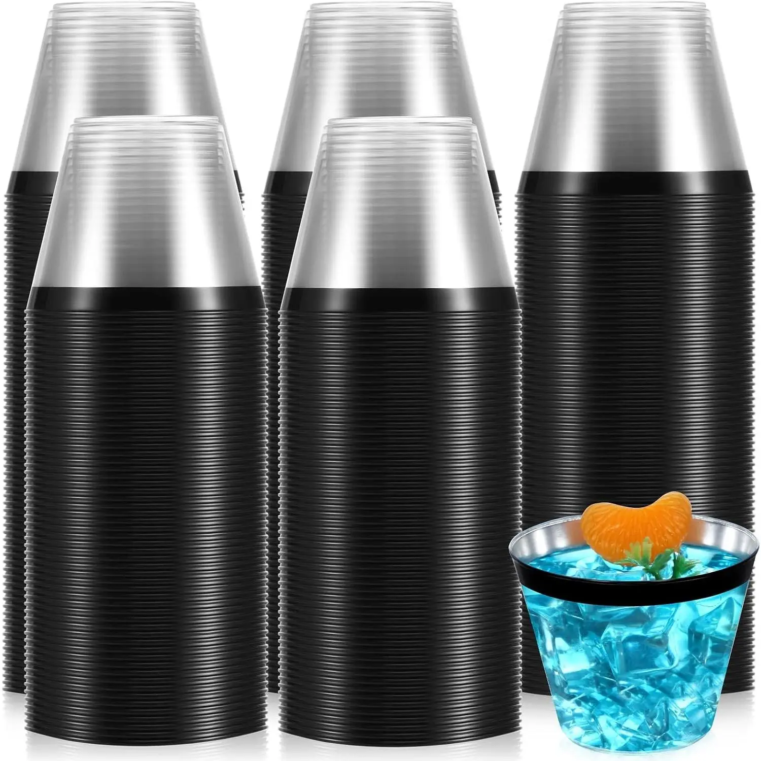 100 Pcs 9oz Black Rimmed Plastic Cocktail Cups, Clear Heavy Duty Disposable Drinkware, Wine Tumblers Champagne Glasses for Birthday, Bridal Shower, Baby Shower, Wedding CelebrationsGift