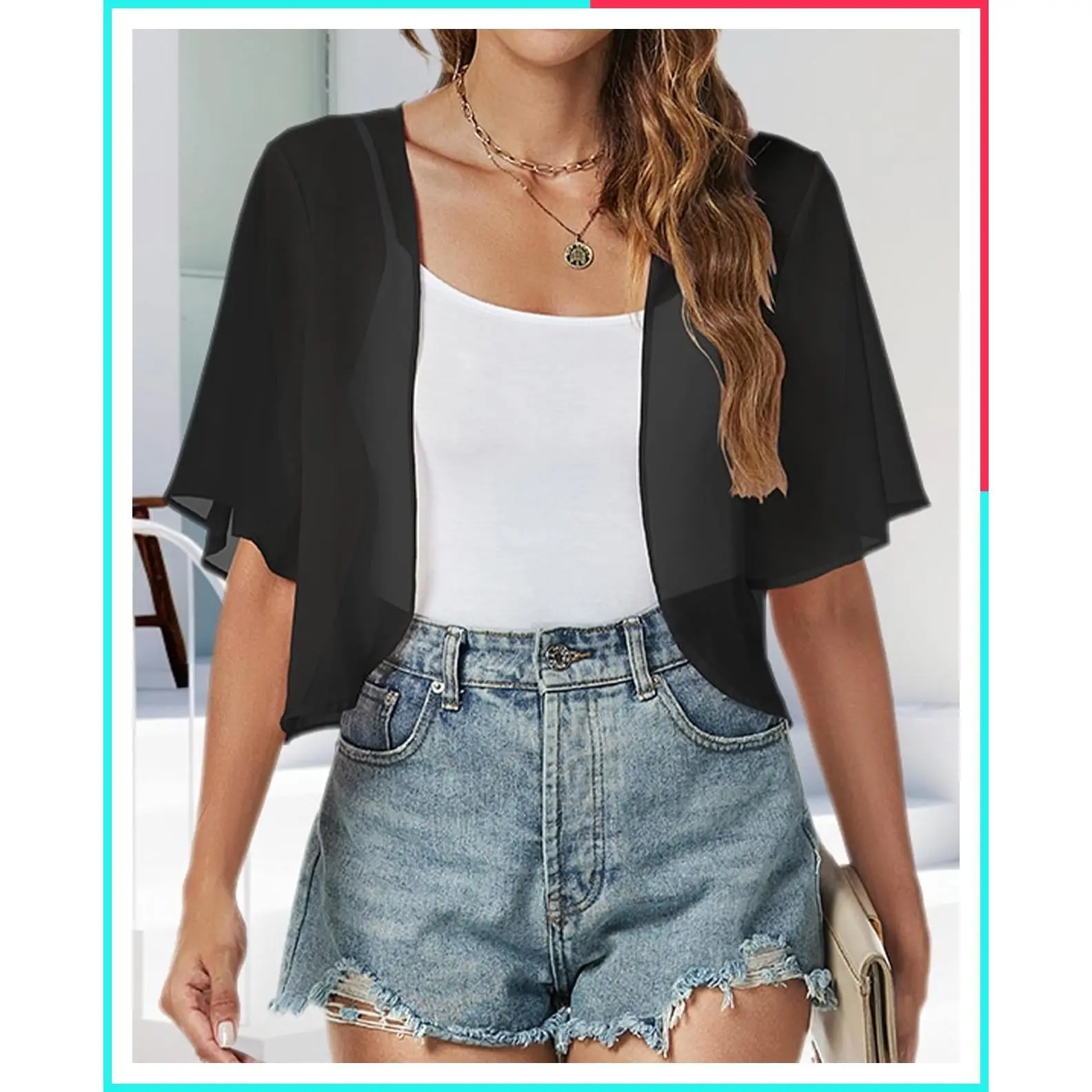 Women's Sheer Chiffon Open Front Short Sleeve Shrug Bolero Cardigan Cover Up for Dress, Lightweight Cropped Mesh Shawl for Evening Summer Outfits
