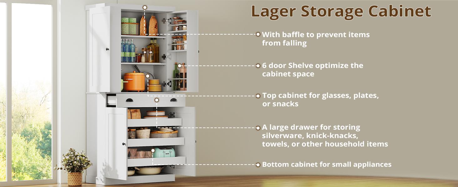 【2 Packages Shipping】IRONCK Kitchen Pantry Cabinet 72" Height, Freestanding Cupboard with Drawer, Sliding Storage Rack, and 6 Hanging Shelves for Dining Room, Laundry