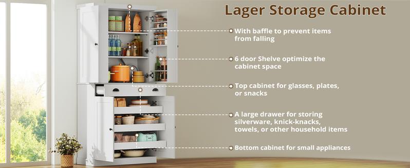 【2 Packages Shipping】IRONCK Kitchen Pantry Cabinet 72" Height, Freestanding Cupboard with Drawer, Sliding Storage Rack, and 6 Hanging Shelves for Dining Room, Laundry