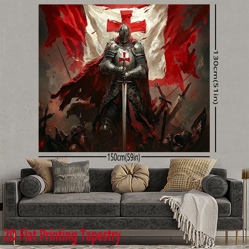 A 2D printed tapestry that is perfect for holiday party decoration. This polyester background fabric showcases medieval knight designs and Crusader patterns, suitable for hanging in various spaces such as homes.