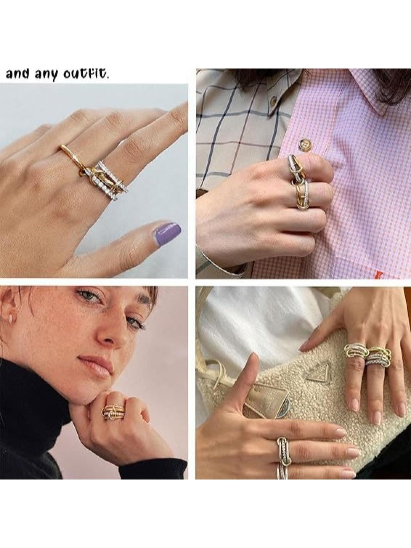 Stainless steel interlocking rings with full diamonds, three rings, four rings, new double-color multi-element style ring