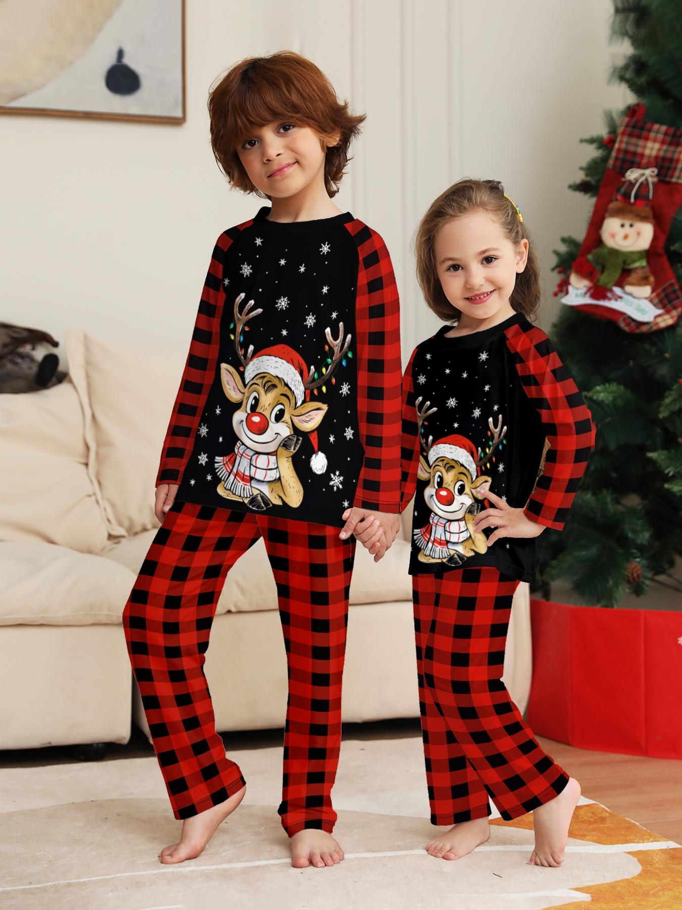 Plaid Reindeer Christmas Pajama Set, Cartoon Deer Print, Soft Long Sleeve Sleepwear, Family Matching, All Seasons