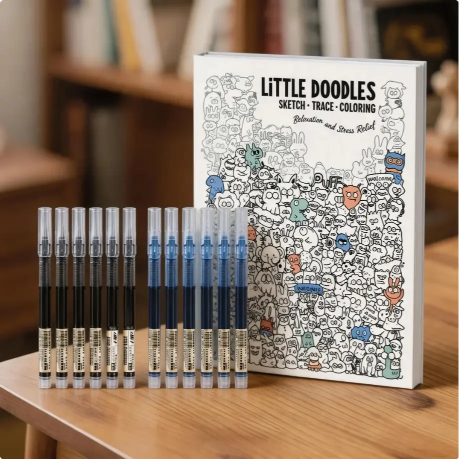 A4 doodle book + 12 pens (6 black + 6 blue)