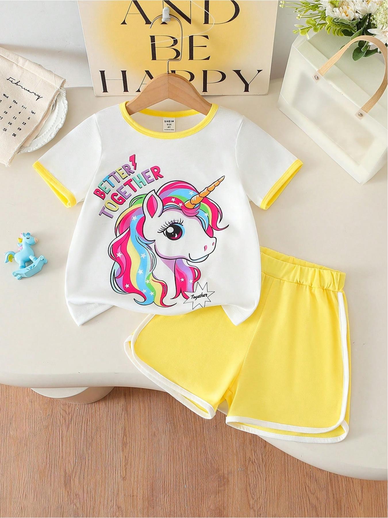 2pcs/Set Young Girls Colorful Unicorn & English Print Round Neck Short Sleeve T-Shirt And Elastic Waist Loose Shorts, Casual & Sports Outfit For Summer, School, Campus, College