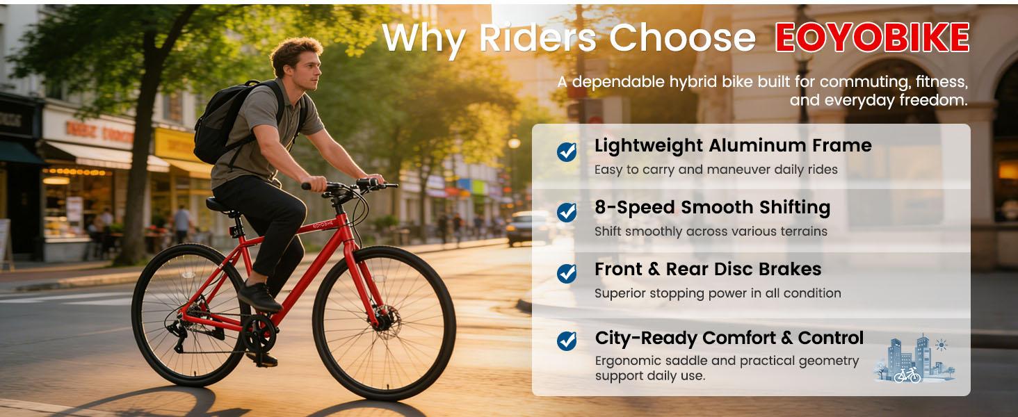 EOYOBIKE Hybrid Bike for Men, 700C Aluminum 29LBS Ultra-Light 8-Speed Commuter Bike, 350lb Capacity, 29" Adult Urban Bicycle, Dual Disc Brakes, for Tall Men&Women, 85% Pre-Assembled