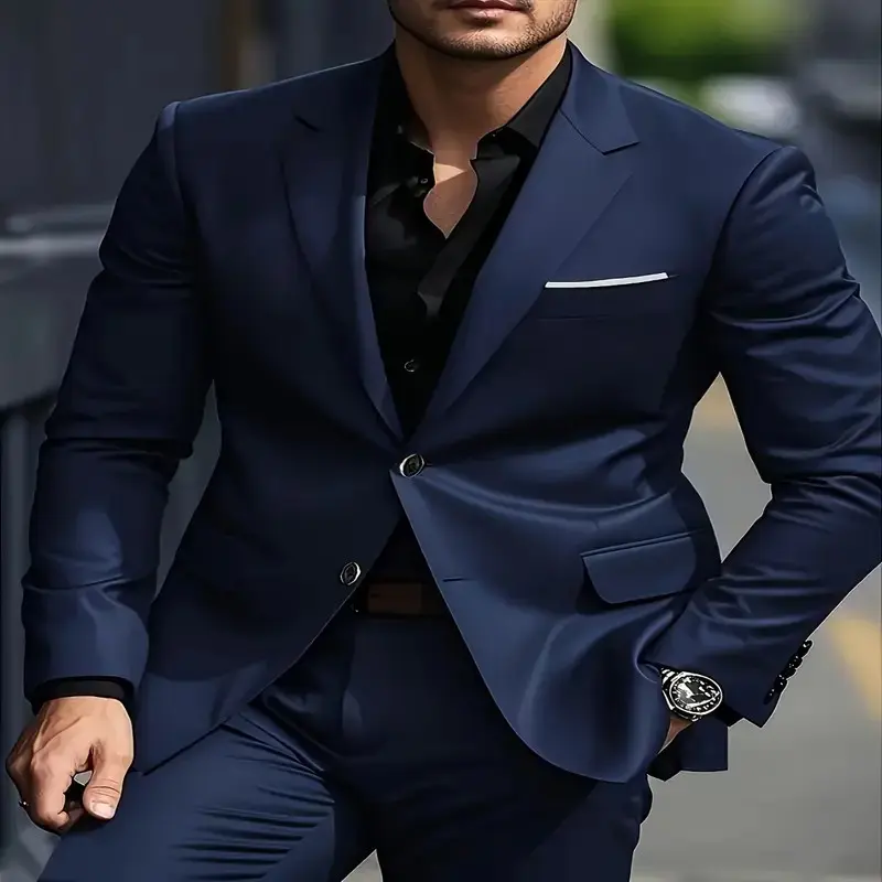 Men's Navy Blue Business Casual Blazer - Solid Color, Long Sleeve, Regular Fit with Pockets, Ideal for Work, Casual, and Date Occasions, Perfect Gift, Attire