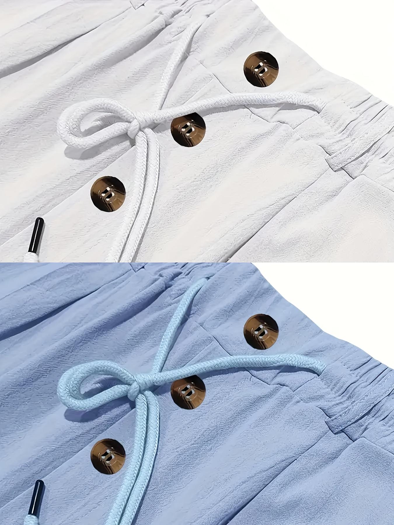 2 pieces men's plain-colored linen casual straight-leg pants, Casual Comfy Fashion, for spring, summer and autumn, with drawstring and faux buttons design, lightweight breathable, suitable for daily commuting, outdoor travel, fitness